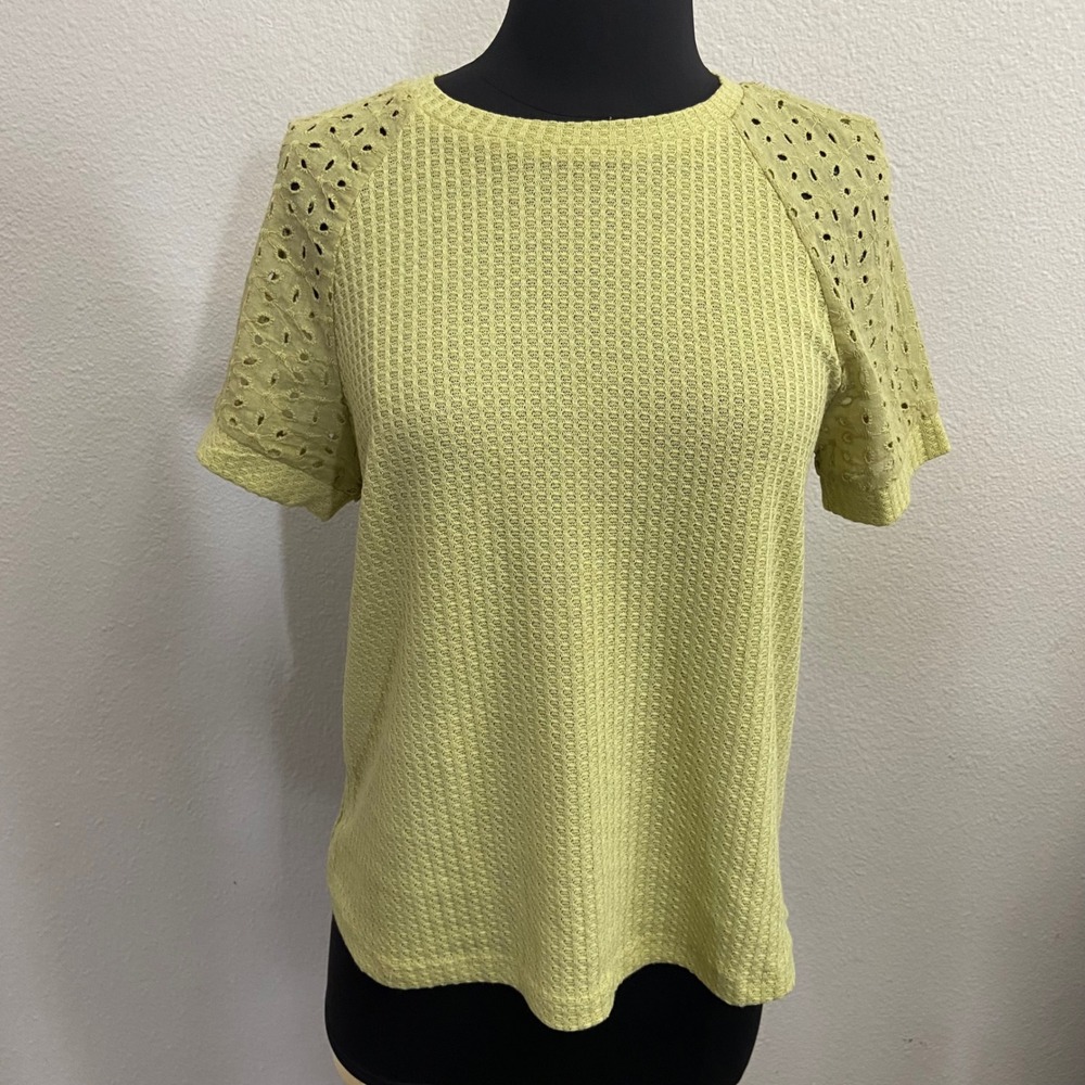 Emery Rose Women S Lime Green Waffle Knit Eyelet Sleeve Blouse New Raglan Top